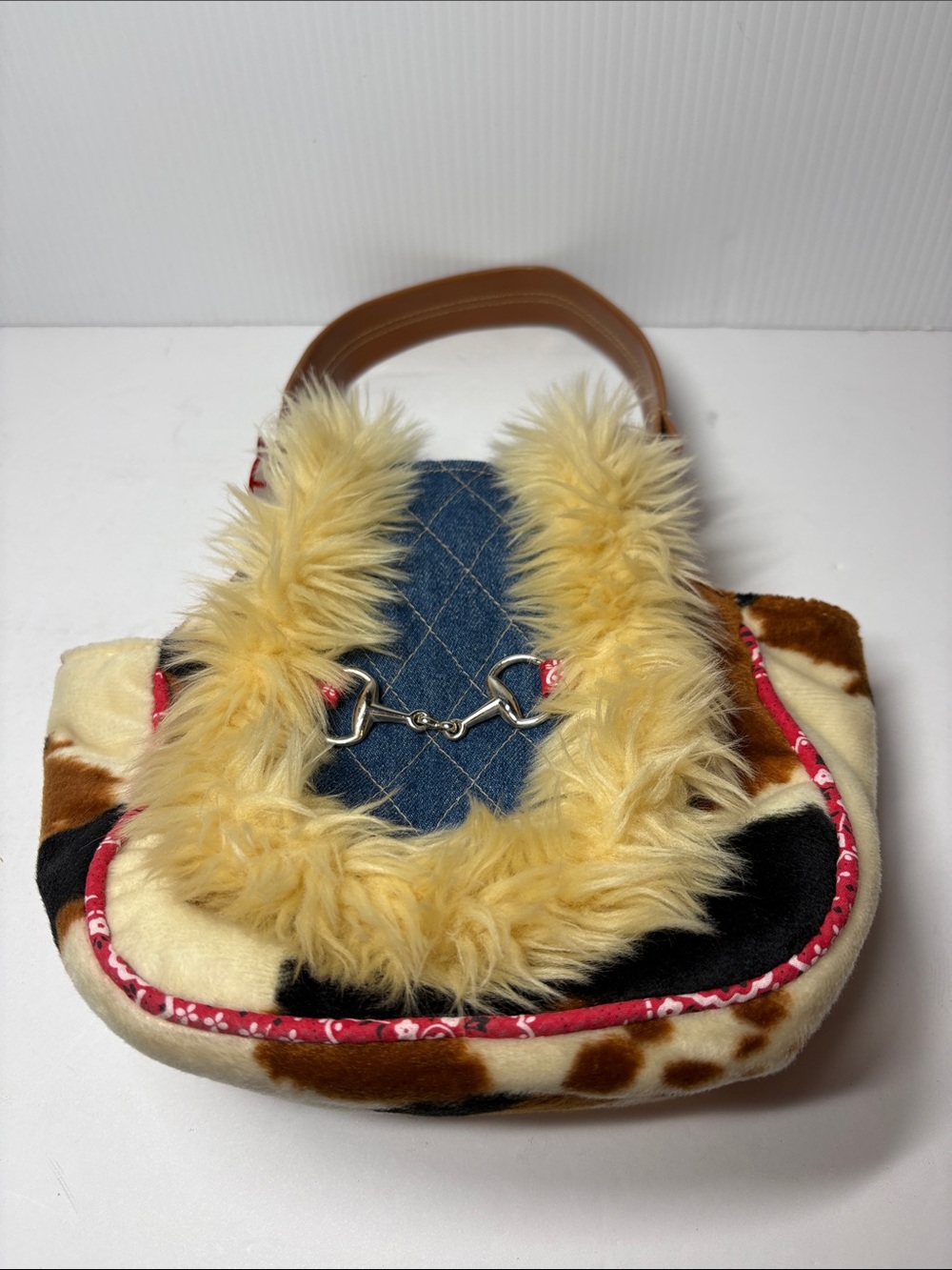 Plush Faux Fur Kids Tote Bag in Cream, Brown and Yellow